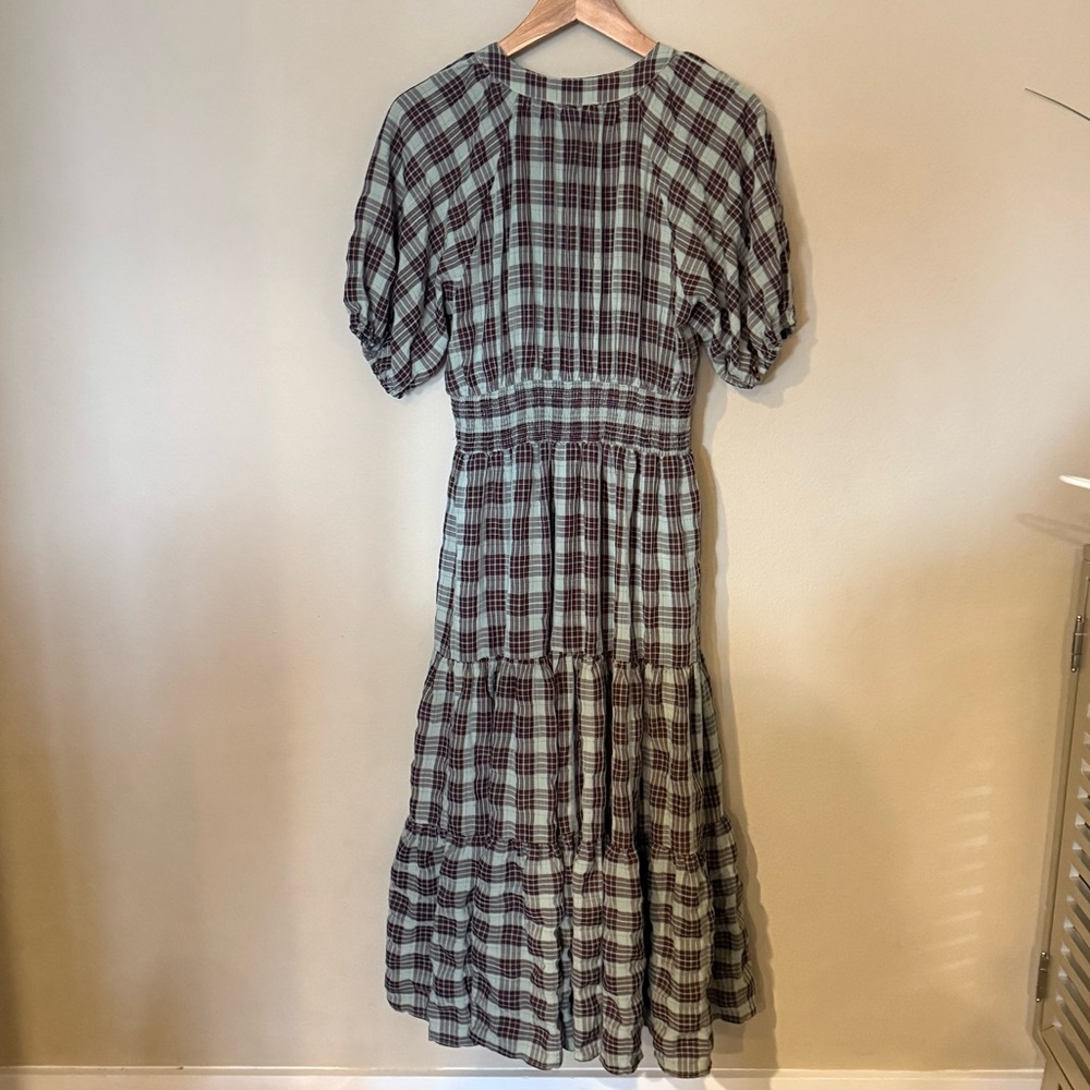 Entro Plaid Puff Sleeve Women’s Midi Dress with V-neckline Size Large - Picture 5 of 7